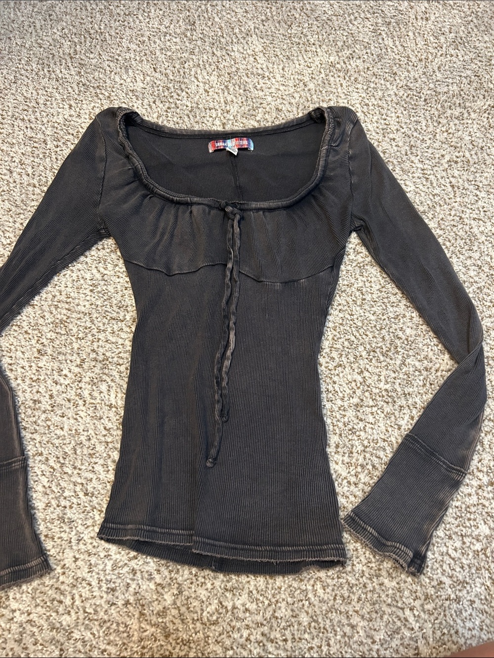 Urban Outfitters Black Ribbed Long Sleeve Scoop Neck Top with Tie